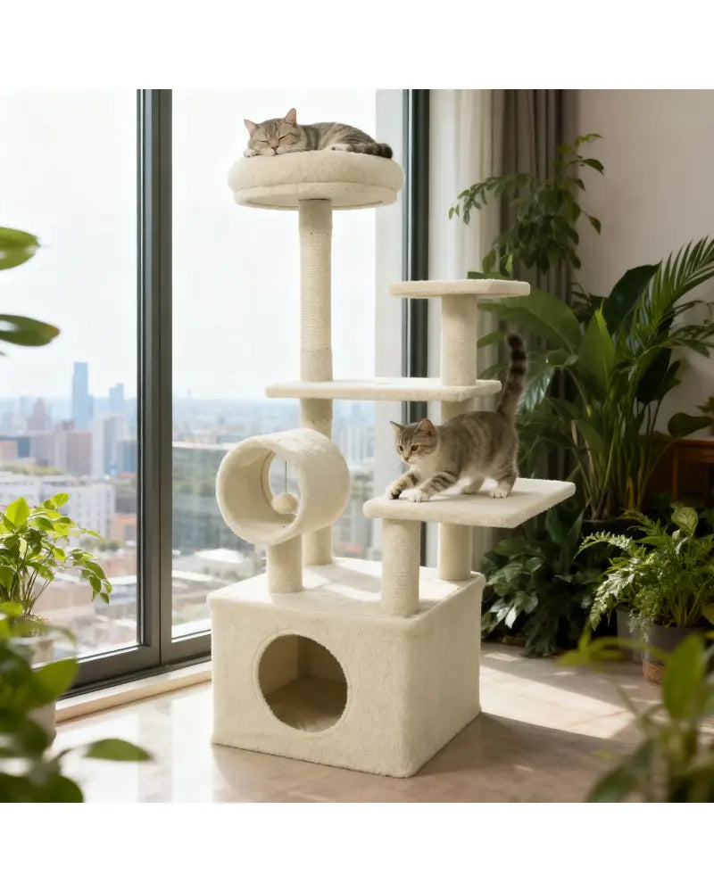 48 Inches Tall Cat Tree Multi-Level Kitten Tower with Large Condo Padded Top Perch-Beige - Beige - Cat Trees Condos &