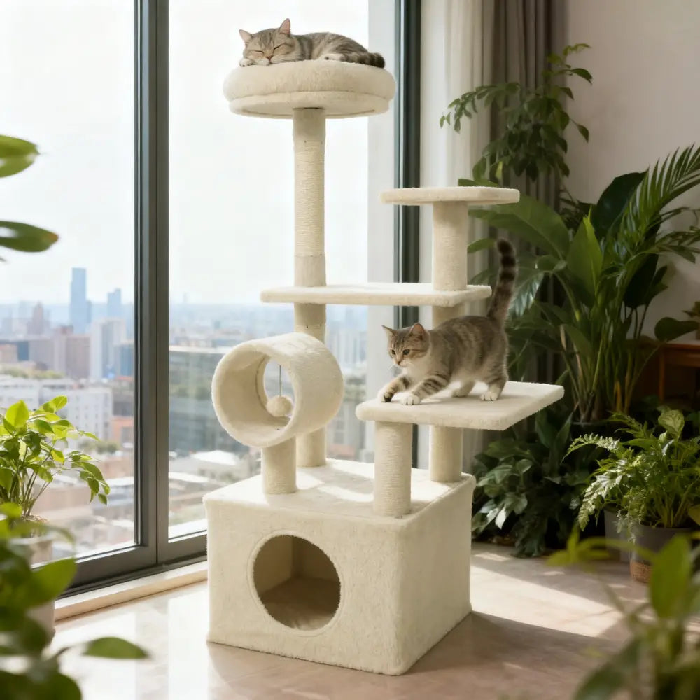 48 Inches Tall Cat Tree Multi-Level Kitten Tower with Large Condo Padded Top Perch-Beige - Beige - Cat Trees Condos &