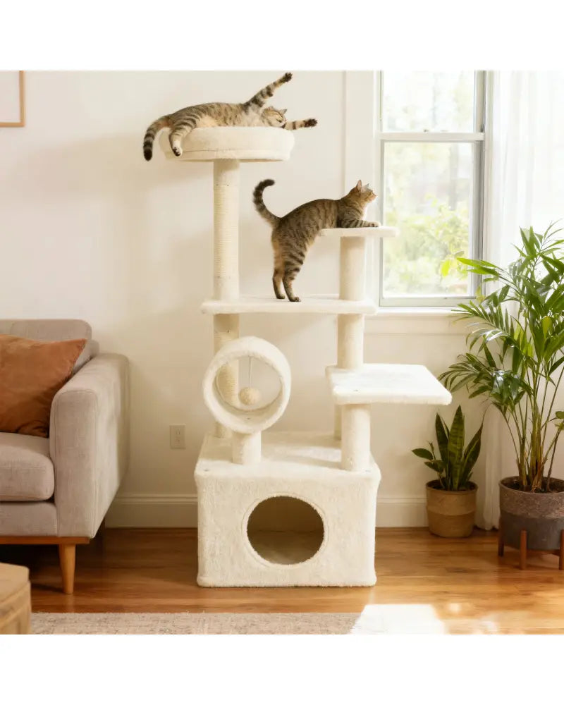 48 Inches Tall Cat Tree Multi-Level Kitten Tower with Large Condo Padded Top Perch-Beige - Beige - Cat Trees Condos &