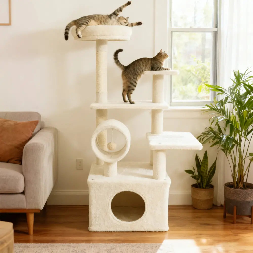 48 Inches Tall Cat Tree Multi-Level Kitten Tower with Large Condo Padded Top Perch-Beige - Beige - Cat Trees Condos &