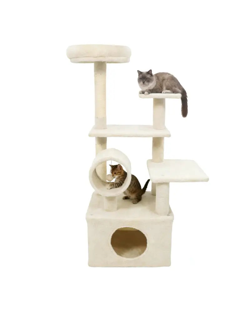 48 Inches Tall Cat Tree Multi-Level Kitten Tower with Large Condo Padded Top Perch-Beige - Beige - Cat Trees Condos &