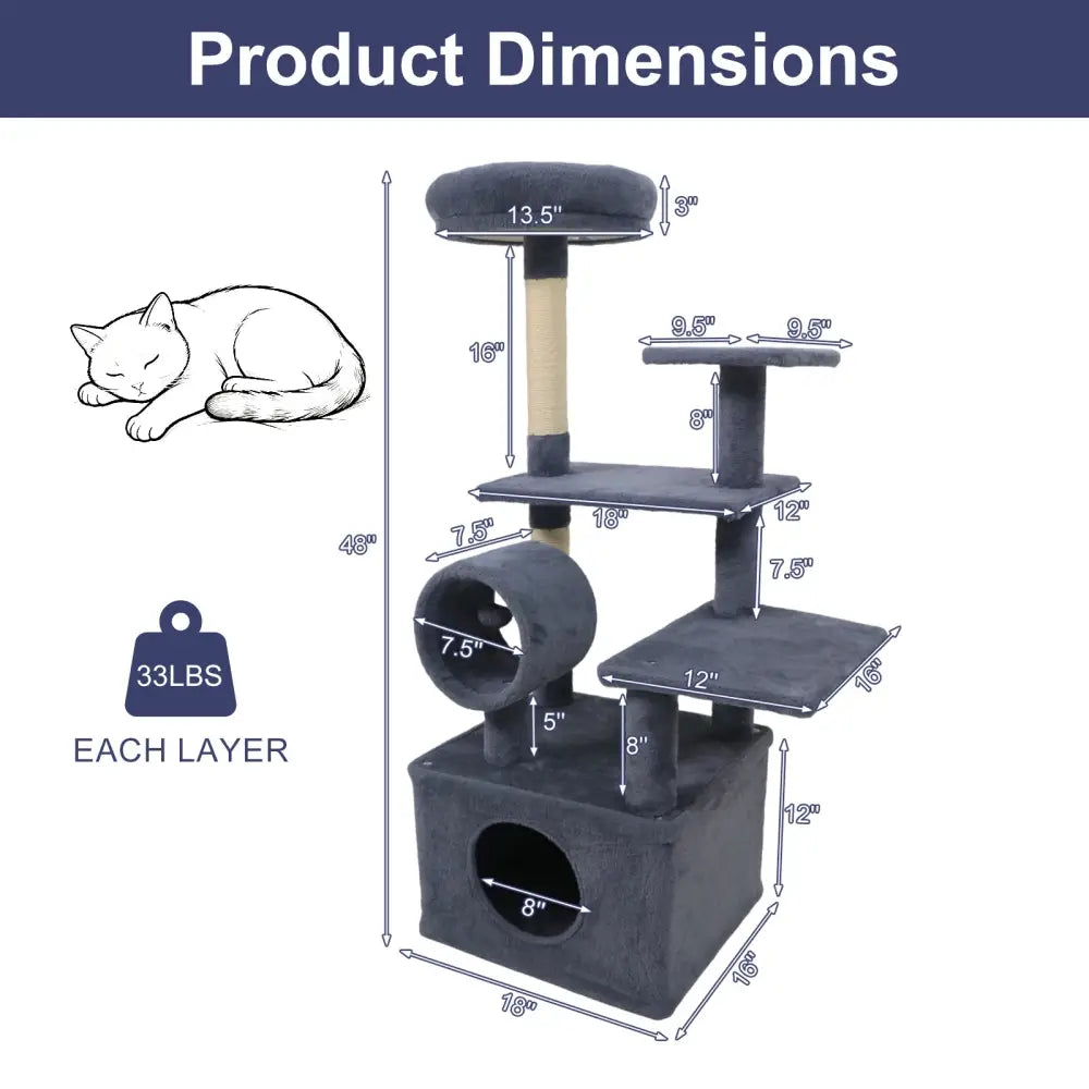 48 Inches Tall Cat Tree Multi-Level Kitten Tower with Large Condo Padded Top Perch-Grey - Gray - Cat Trees Condos &