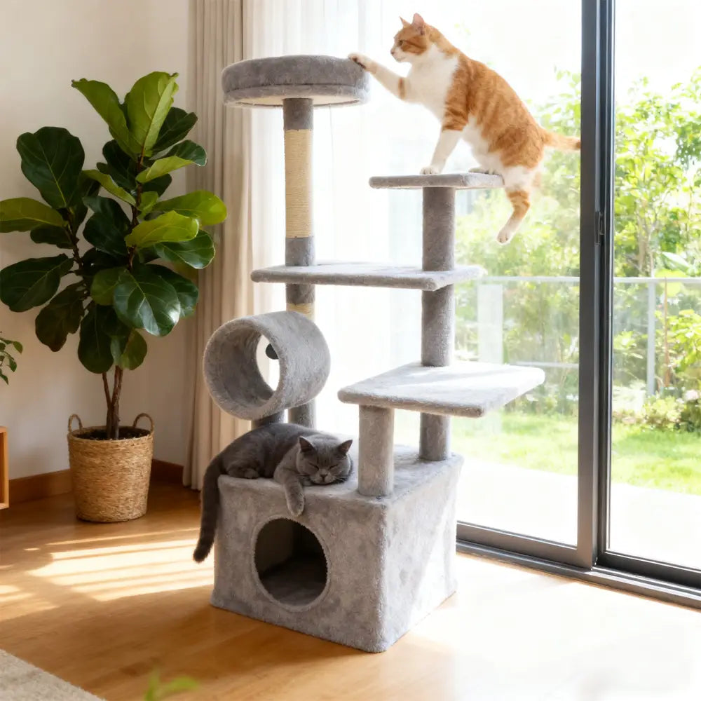 48 Inches Tall Cat Tree Multi-Level Kitten Tower with Large Condo Padded Top Perch-Light Gray - Light Gray - Cat Trees
