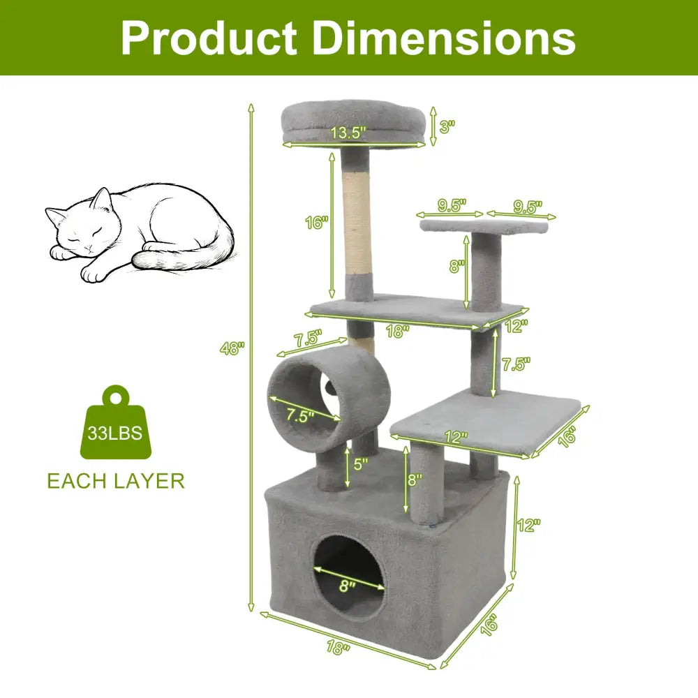 48 Inches Tall Cat Tree Multi-Level Kitten Tower with Large Condo Padded Top Perch-Light Gray - Light Gray - Cat Trees