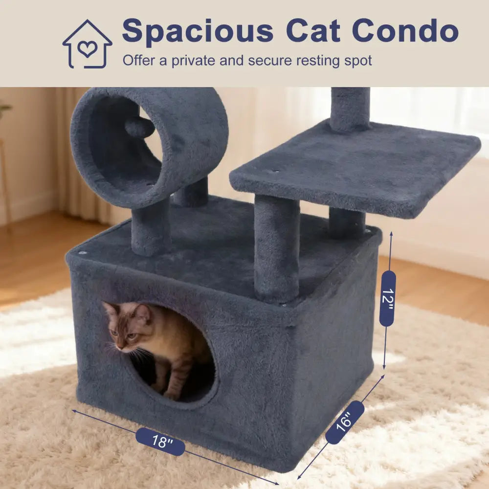 48 Inches Tall Cat Tree Multi-Level Kitten Tower with Large Condo Padded Top Perch-Grey - Gray - Cat Trees Condos &