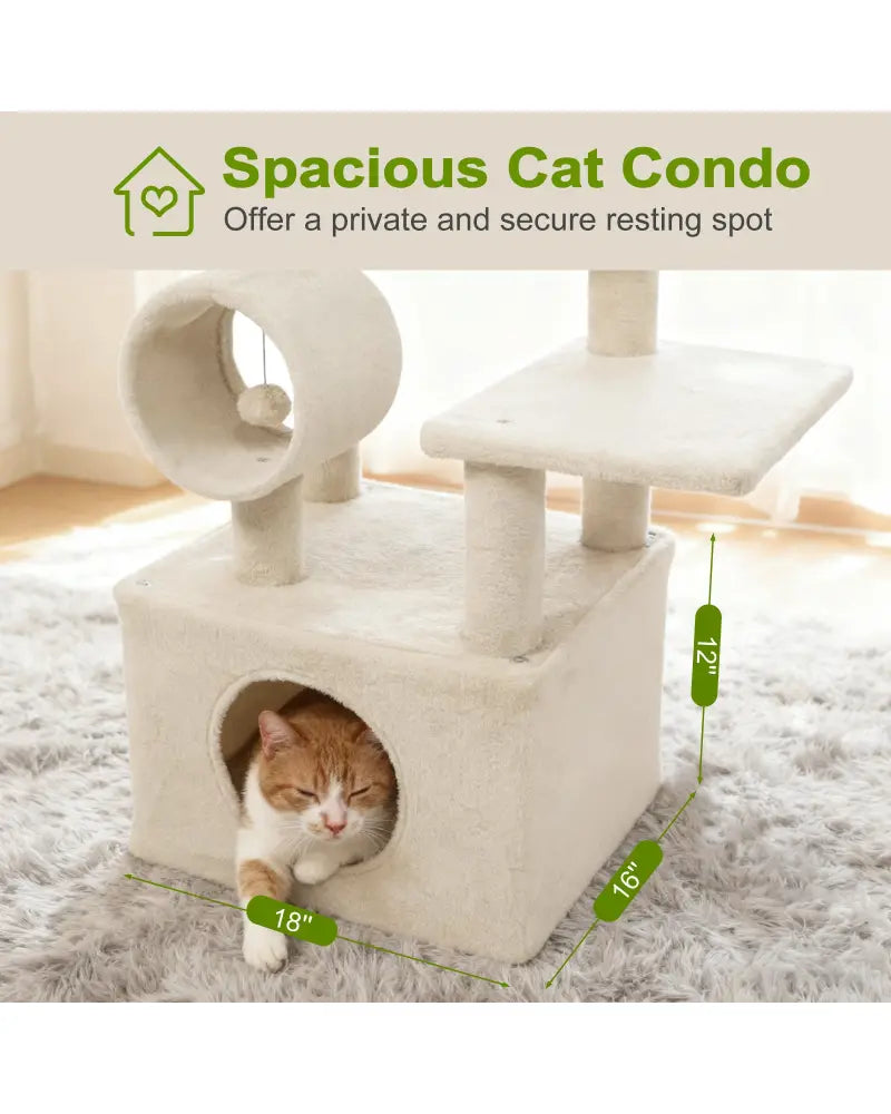 48 Inches Tall Cat Tree Multi-Level Kitten Tower with Large Condo Padded Top Perch-Beige - Beige - Cat Trees Condos &
