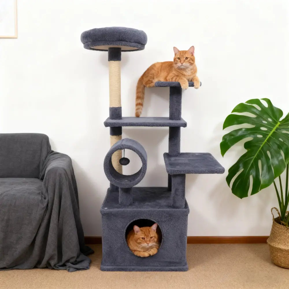 48 Inches Tall Cat Tree Multi-Level Kitten Tower with Large Condo Padded Top Perch-Grey - Gray - Cat Trees Condos &