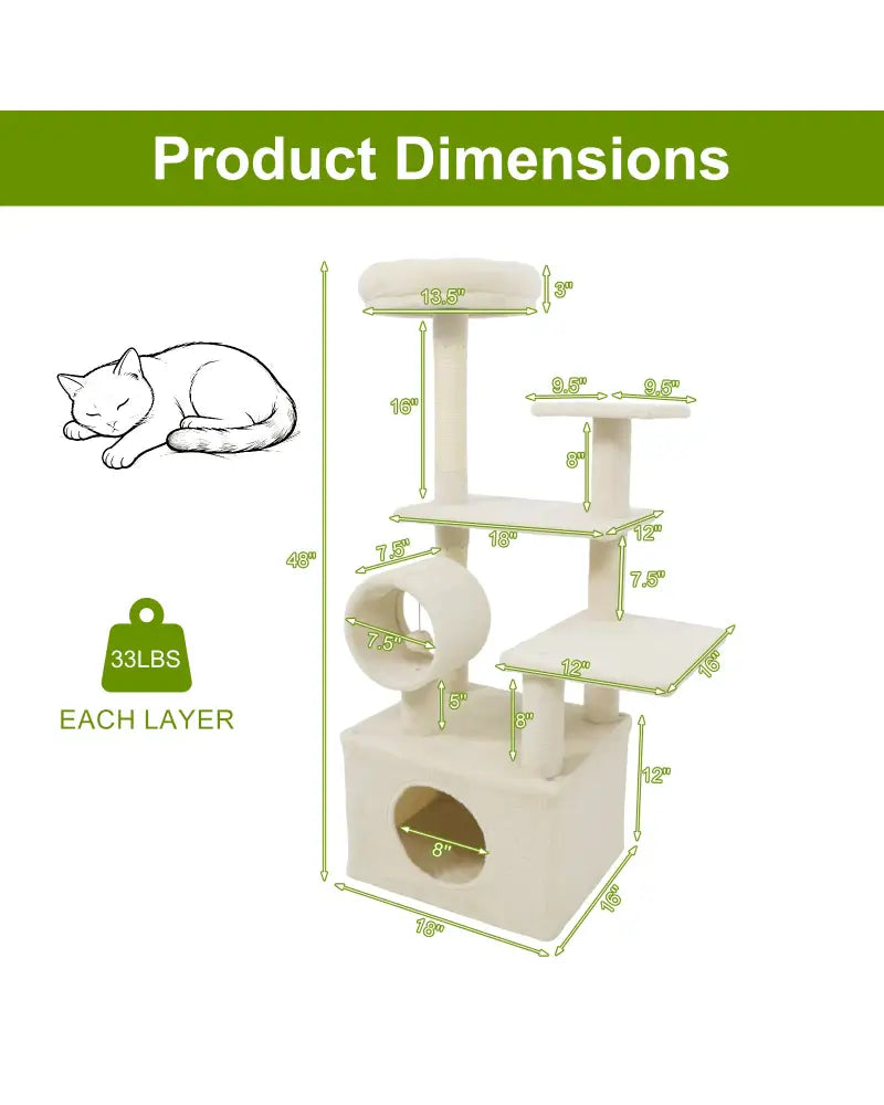 48 Inches Tall Cat Tree Multi-Level Kitten Tower with Large Condo Padded Top Perch-Beige - Beige - Cat Trees Condos &