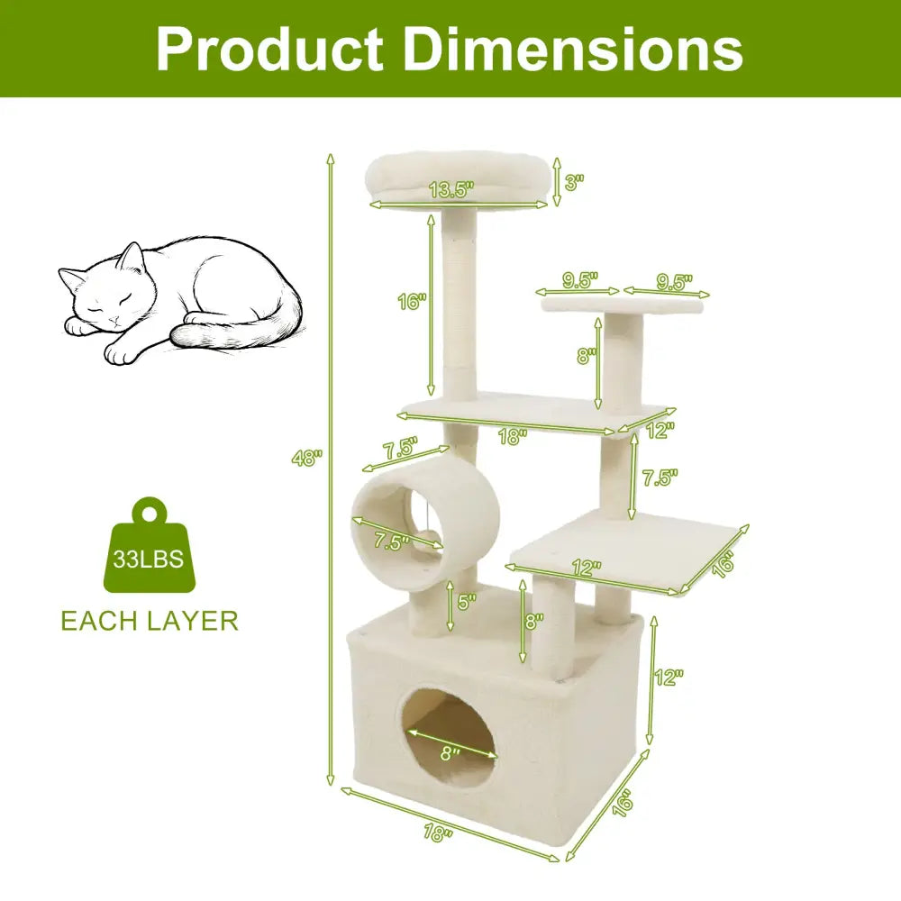 48 Inches Tall Cat Tree Multi-Level Kitten Tower with Large Condo Padded Top Perch-Beige - Beige - Cat Trees Condos &