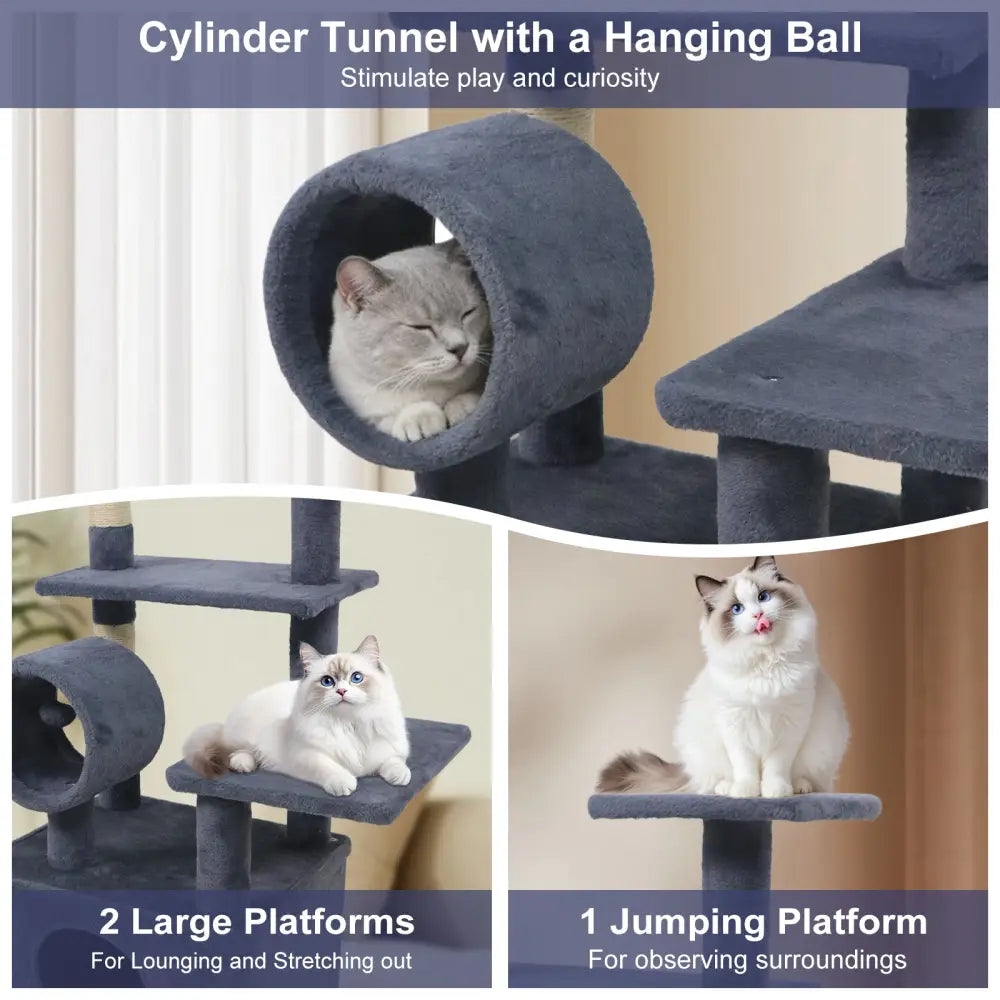 48 Inches Tall Cat Tree Multi-Level Kitten Tower with Large Condo Padded Top Perch-Grey - Gray - Cat Trees Condos &
