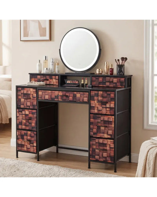 48’’ Vintage 9-Drawer Dresser with Raised Shelf and Fabric Drawers and Wooden Top-Brown + Black - Makeup Vanities