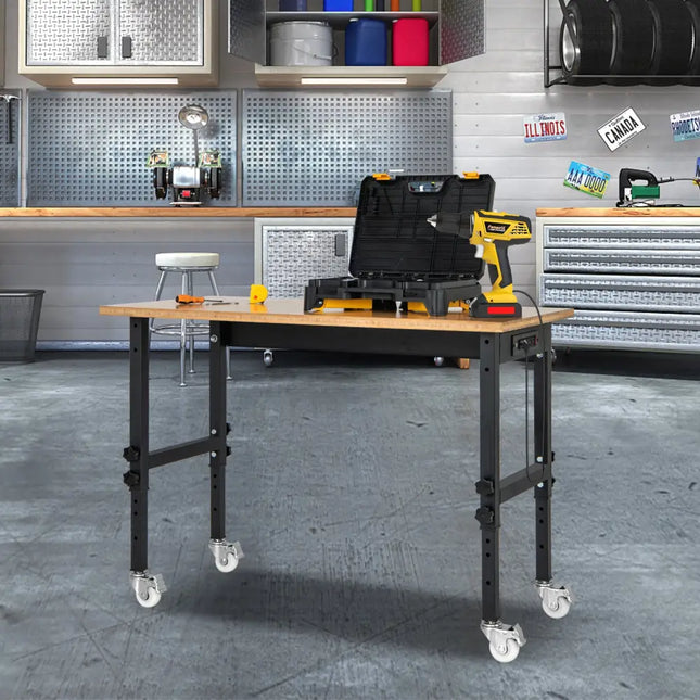 48’’ x 24’’ Adjustable Height Mobile Workbench with Caster-Natural - Natural - Garages