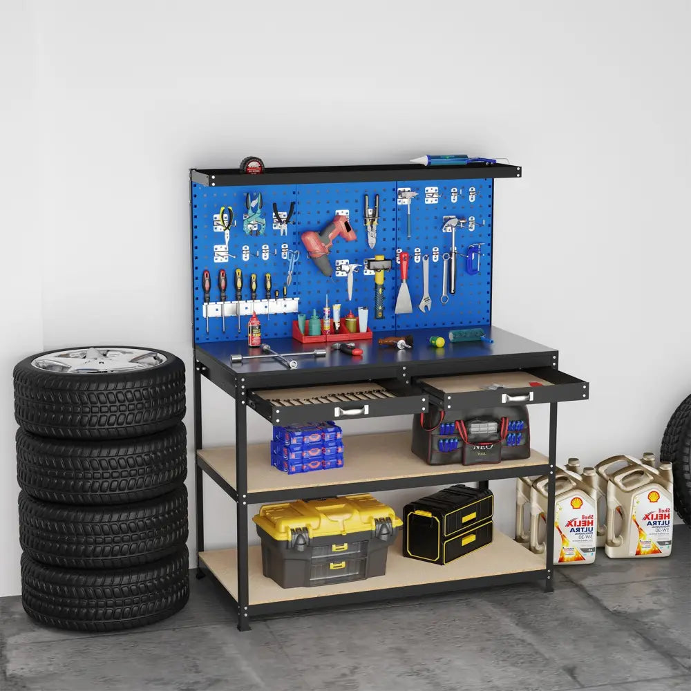 48 x 24 Inch Workbench Work Table with 3 PCs Pegboard Drawer and Shelves-Navy - Navy - Garages