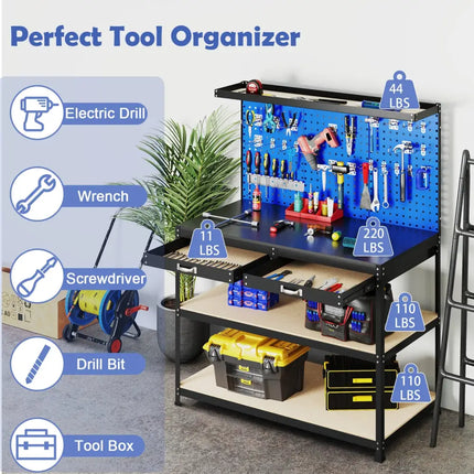 48 x 24 Inch Workbench Work Table with 3 PCs Pegboard Drawer and Shelves-Navy - Navy - Garages