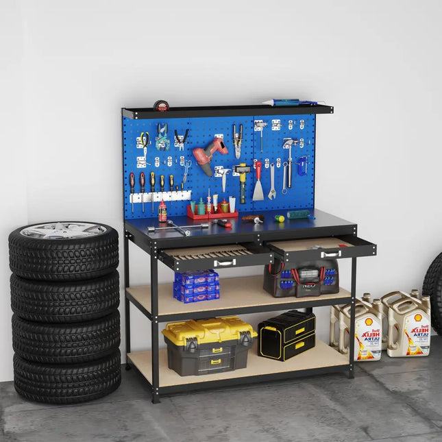 48 x 24 Inch Workbench Work Table with 3 PCs Pegboard Drawer and Shelves-Navy - Navy - Garages