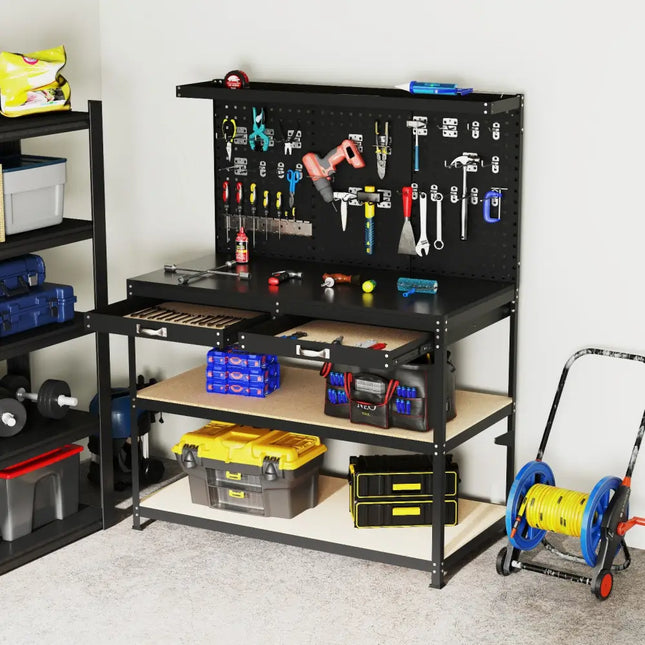 48 x 24 Inch Workbench Work Table with 3 PCs Pegboard Drawer and Shelves-Black - Black - Garages