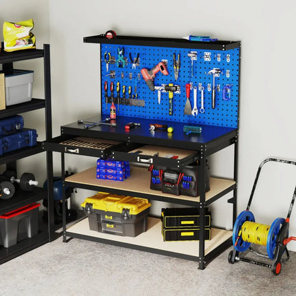48 x 24 Inch Workbench Work Table with 3 PCs Pegboard Drawer and Shelves-Navy - Navy - Garages