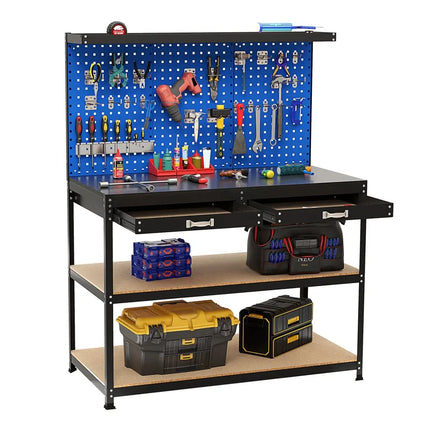 48 x 24 Inch Workbench Work Table with 3 PCs Pegboard Drawer and Shelves-Navy - Navy - Garages