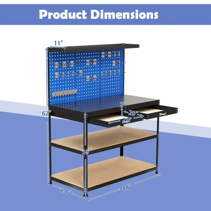 48 x 24 Inch Workbench Work Table with 3 PCs Pegboard Drawer and Shelves-Navy - Navy - Garages
