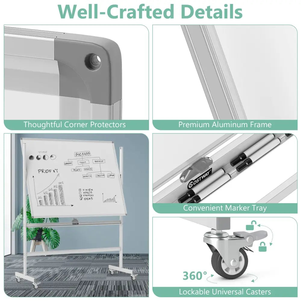 48 x 36 Inches Rolling Double-Sided Whiteboard with Magnetic Surface-White - White - Home Office