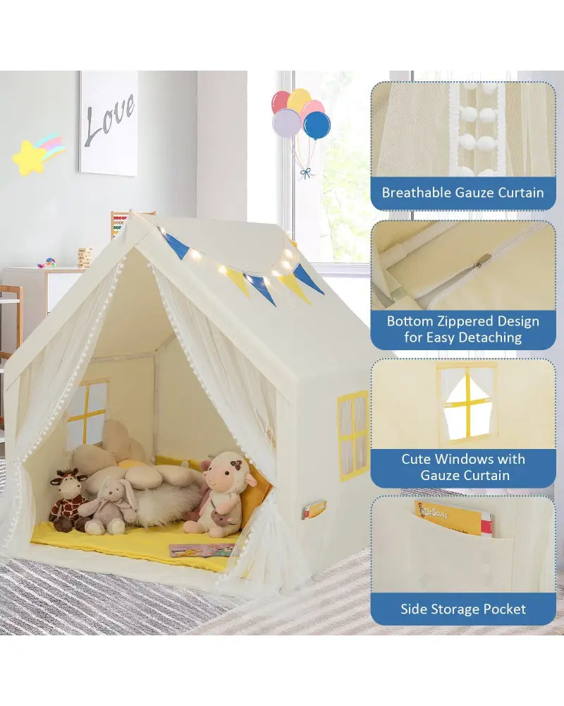 48 x 42 x 50 Inch Large Play Tent with Washable Cotton Mat Holiday Birthday Gift for Kids-Beige - Beige - Play Tents &