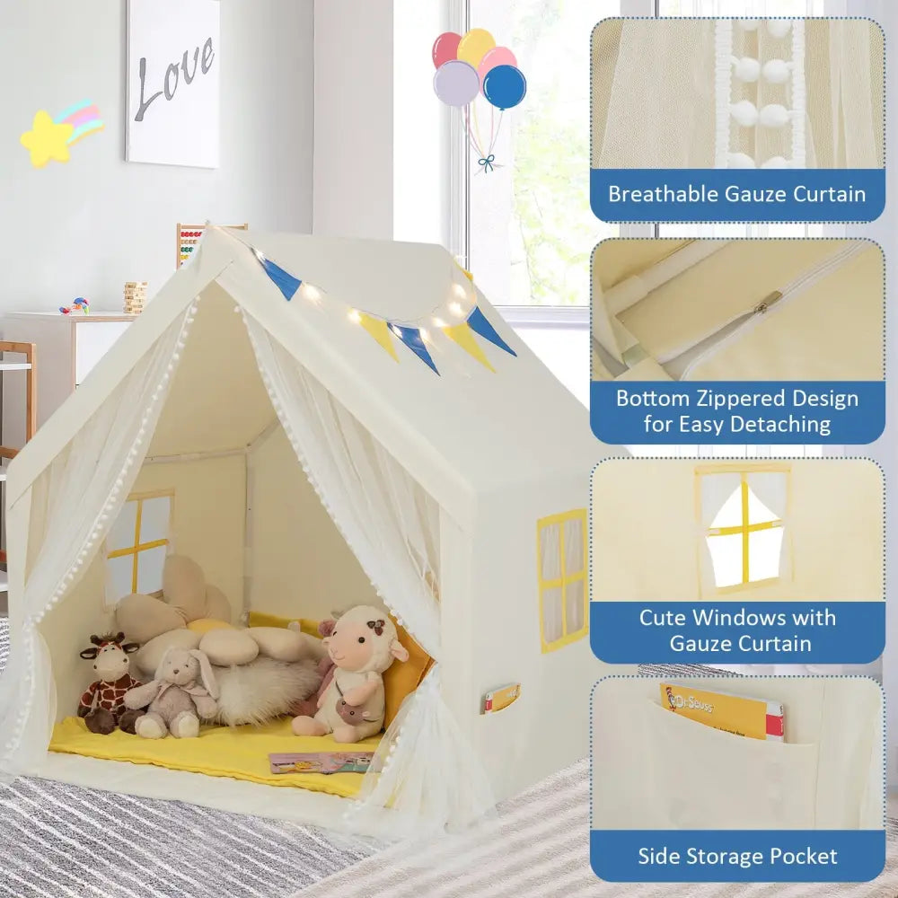 48 x 42 x 50 Inch Large Play Tent with Washable Cotton Mat Holiday Birthday Gift for Kids-Beige - Beige - Play Tents &