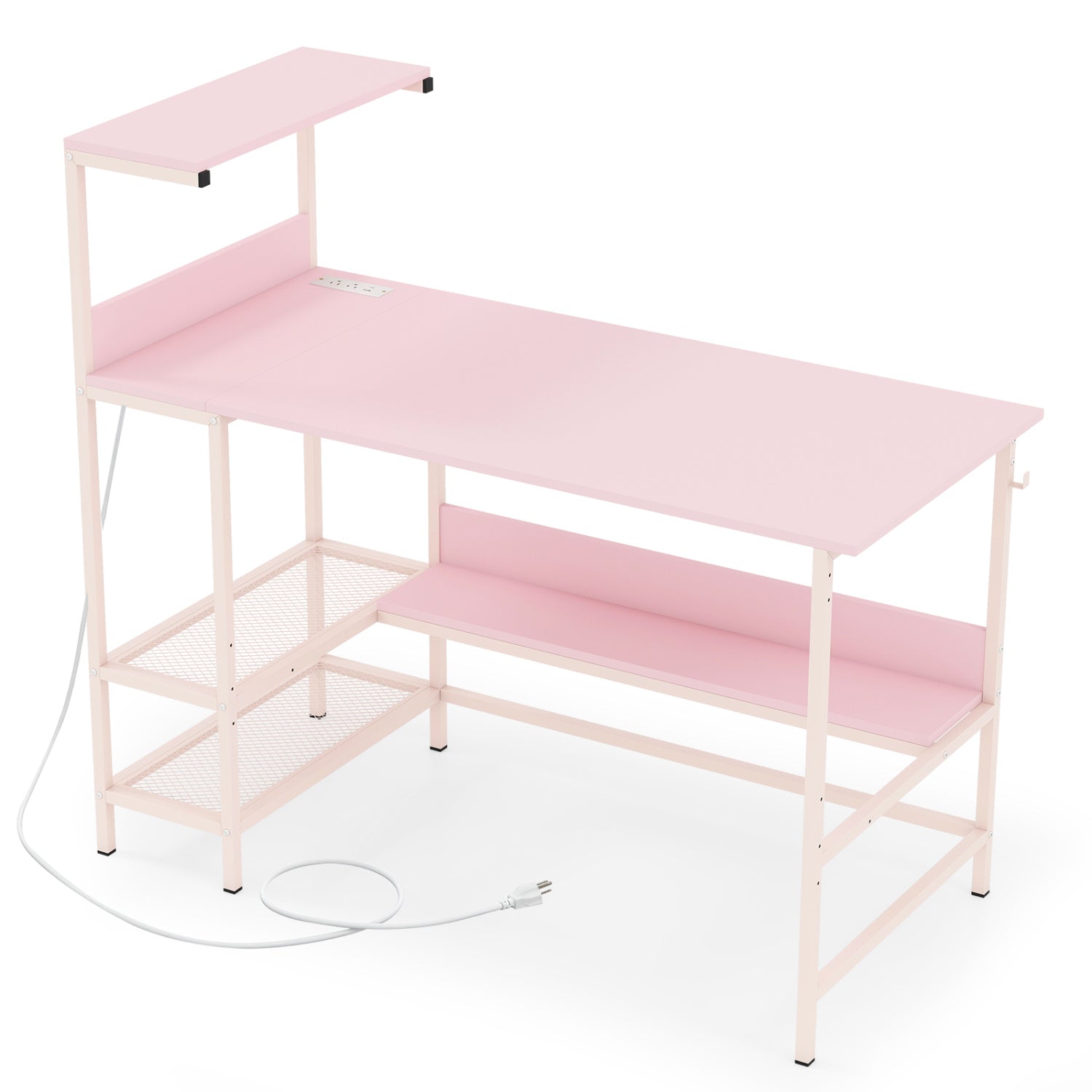 48 Inch Computer Desk with Power Outlets and Storage Shelves-Pink