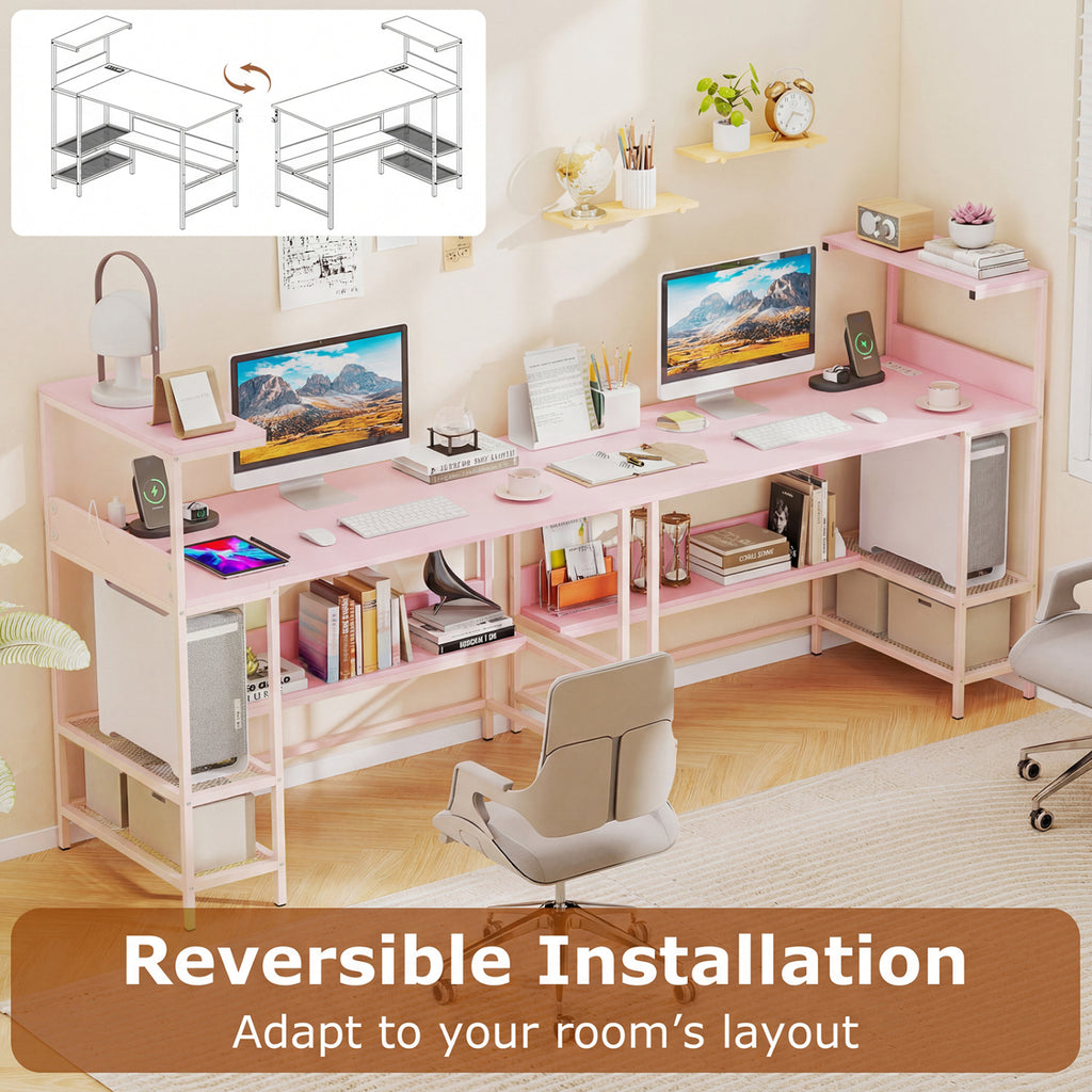 48 Inch Computer Desk with Power Outlets and Storage Shelves-Pink