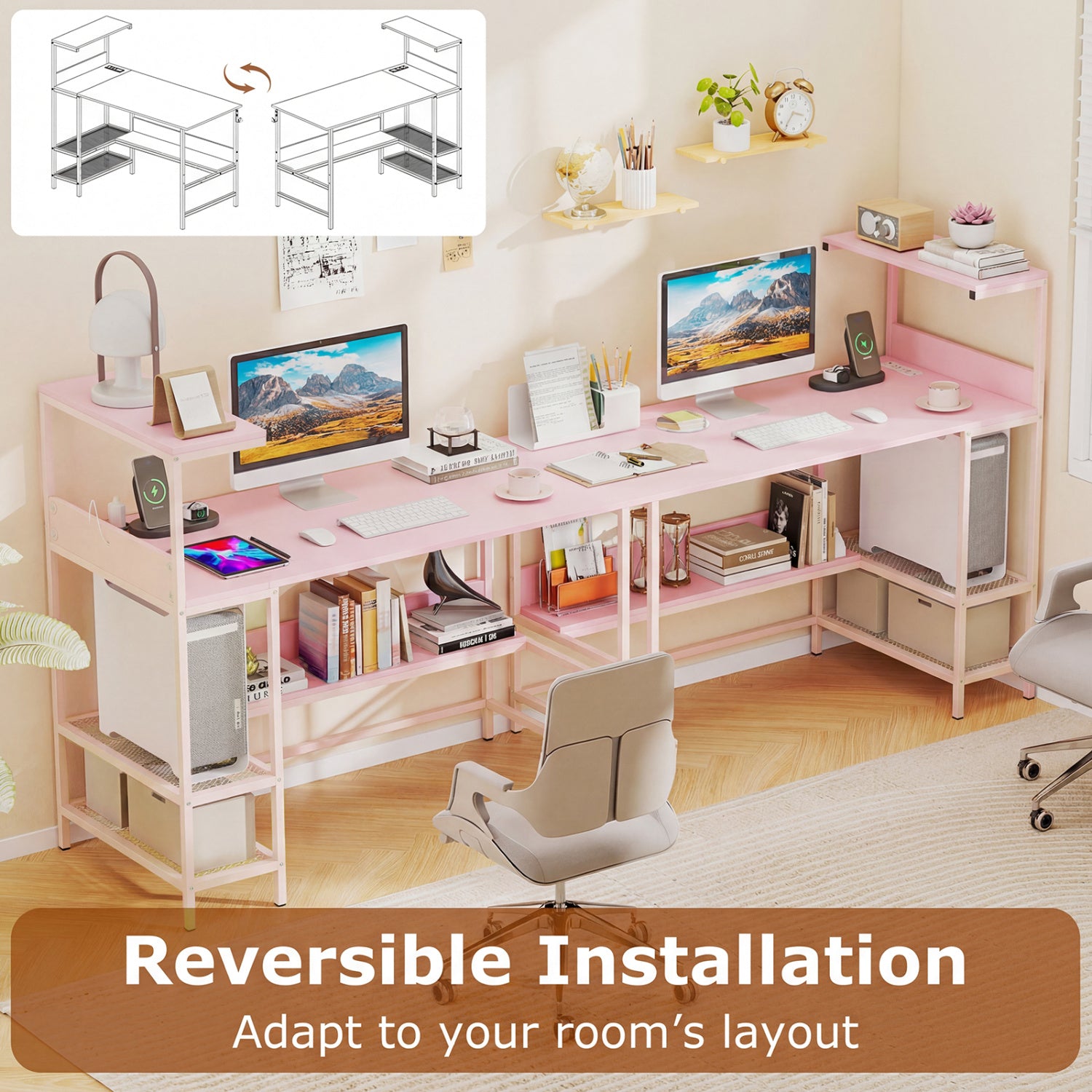 48 Inch Computer Desk with Power Outlets and Storage Shelves-Pink