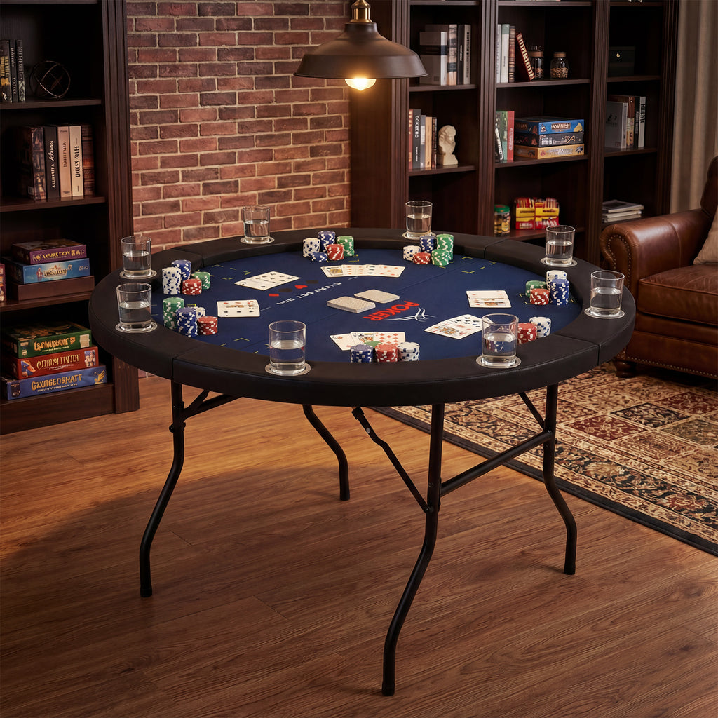 48 Inch Foldable Poker Table with 8 Cup Holders and Padded Edges-Blue