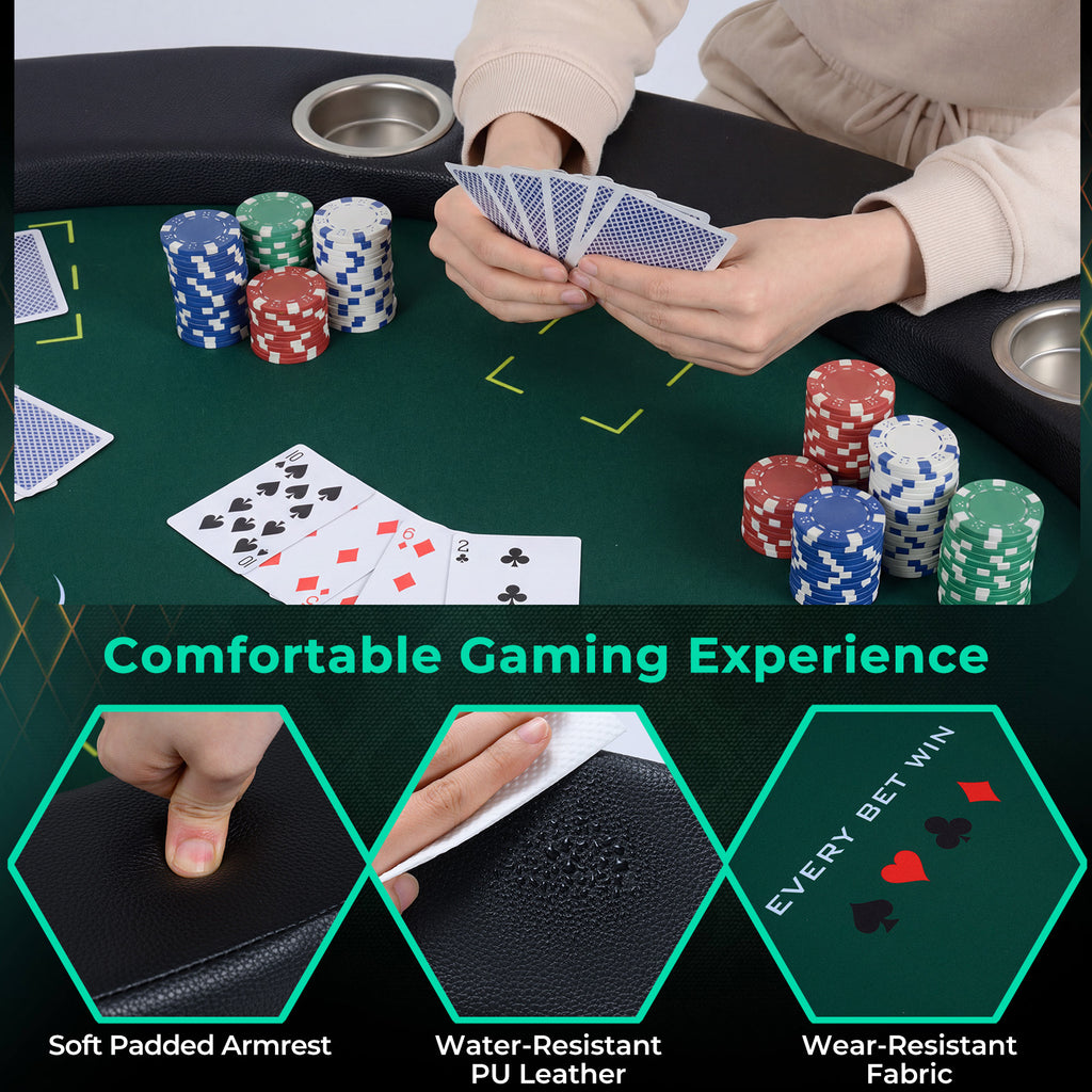 48 Inch Foldable Poker Table with 8 Cup Holders and Padded Edges-Green