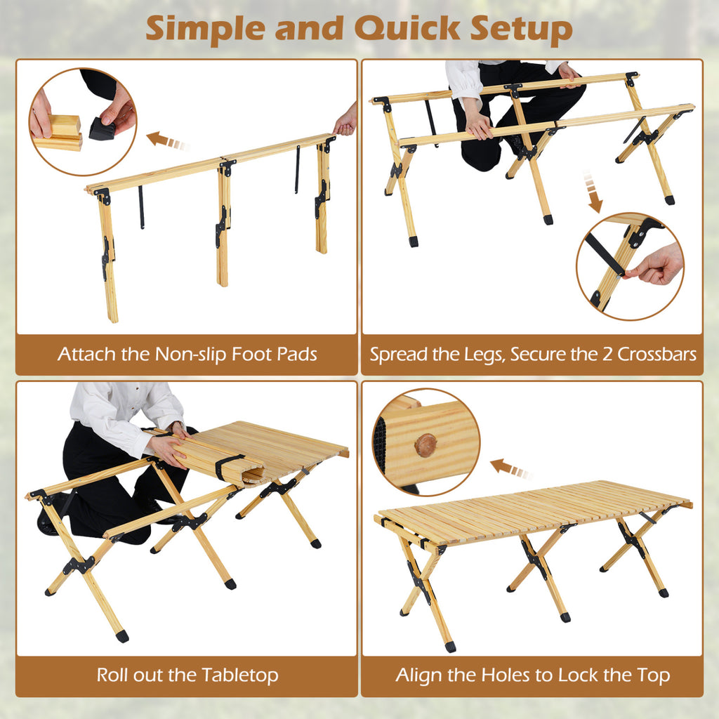 Table de camping pliable de 122 cm avec sac de transport pour jardin - Naturel