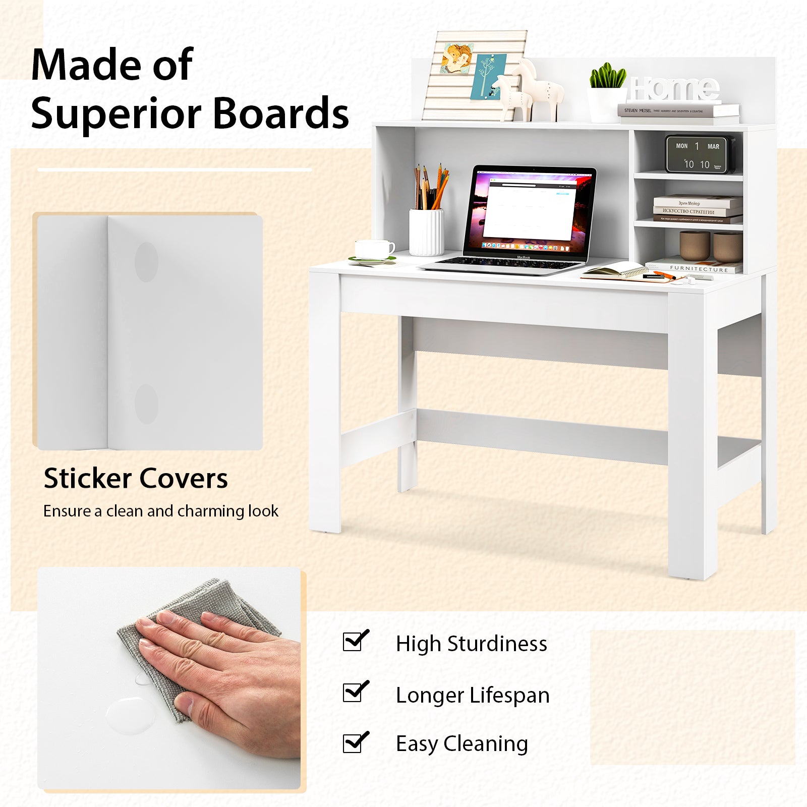 48 Inch Writing Computer Desk with Anti-Tipping Kits and Cable Management Hole-White