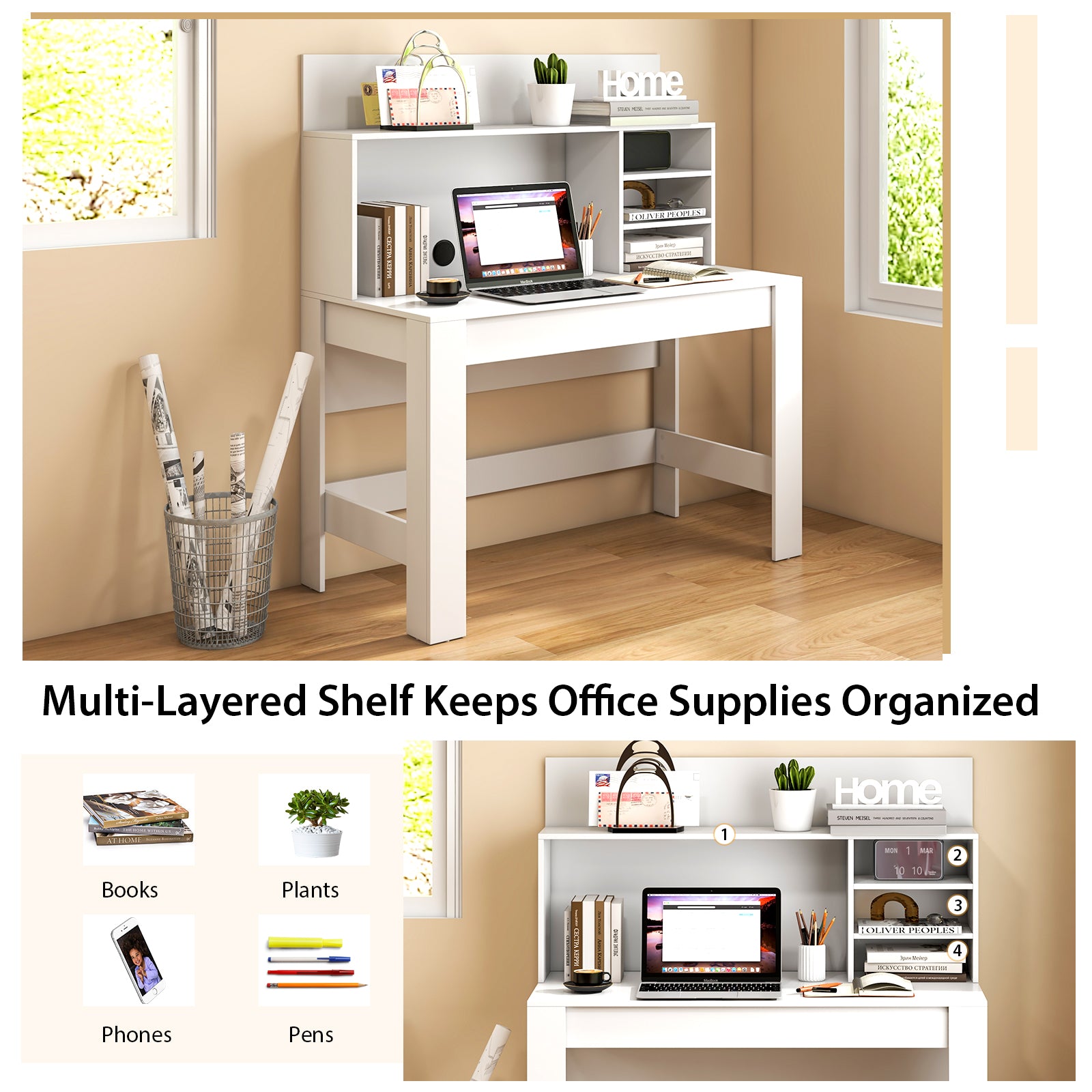 48 Inch Writing Computer Desk with Anti-Tipping Kits and Cable Management Hole-White