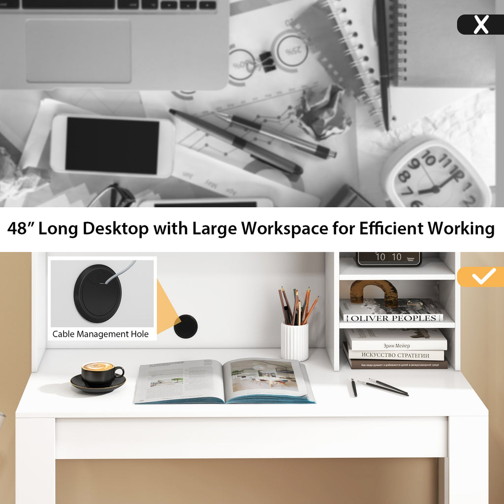 48 Inch Writing Computer Desk with Anti-Tipping Kits and Cable Management Hole-White