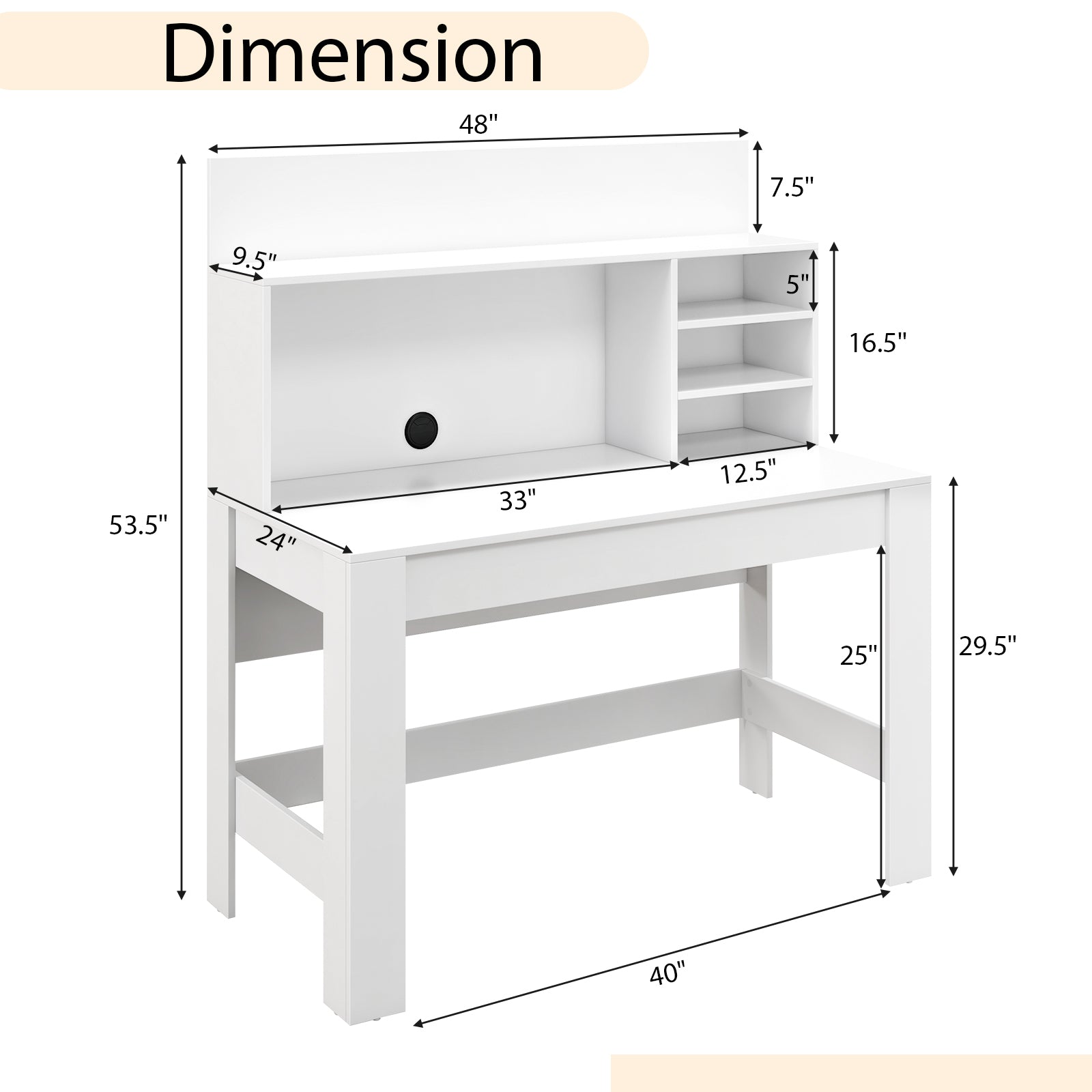 48 Inch Writing Computer Desk with Anti-Tipping Kits and Cable Management Hole-White