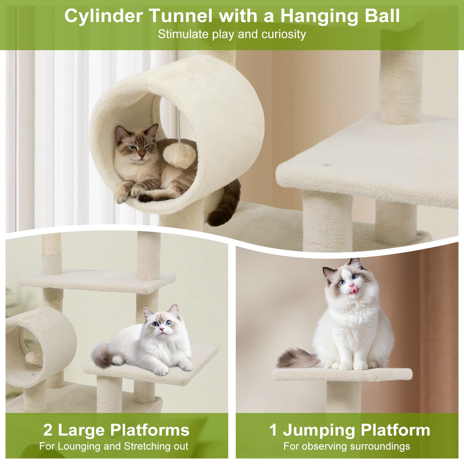 48 Inches Tall Cat Tree Multi-Level Kitten Tower with Large Condo Padded Top Perch-Beige