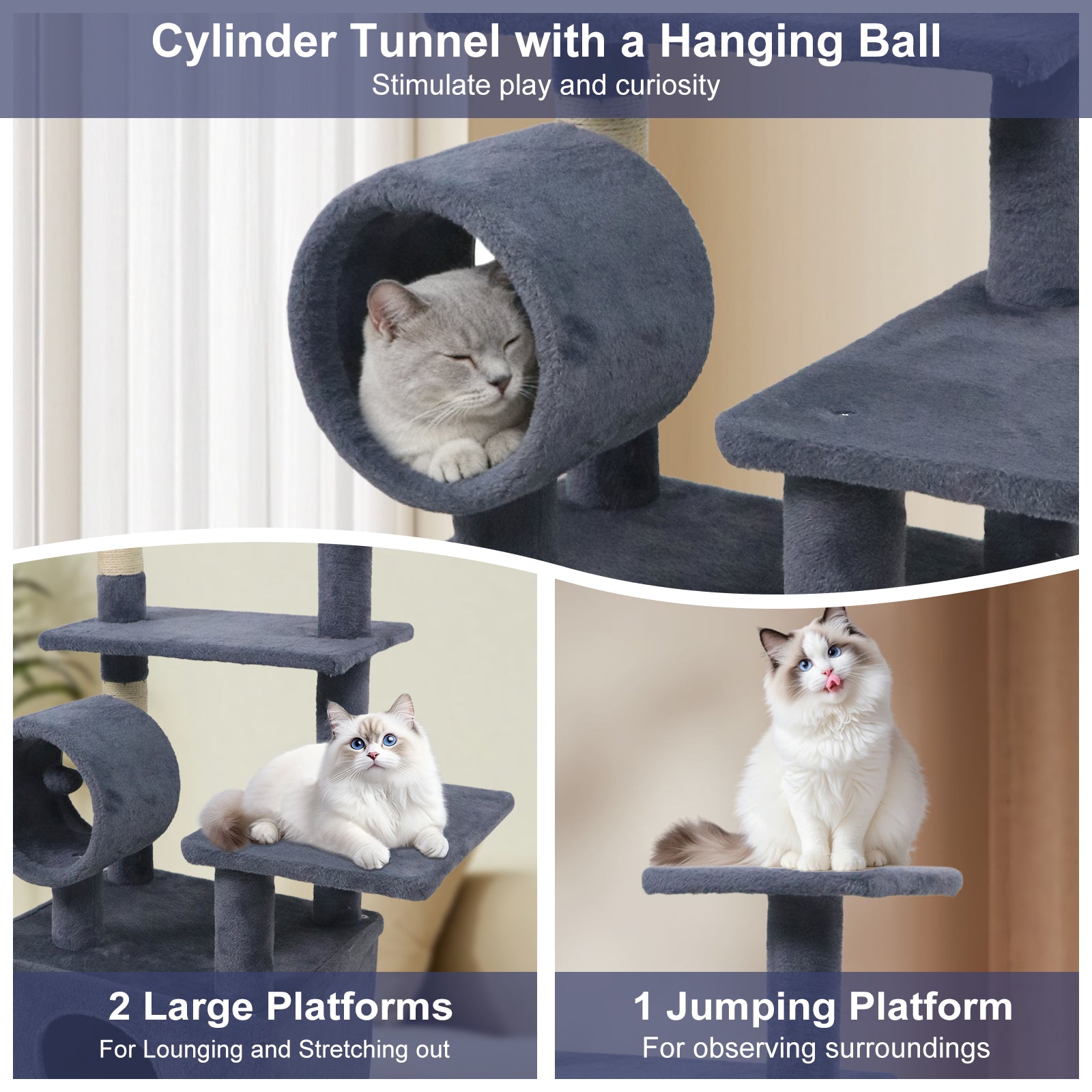 48 Inches Tall Cat Tree Multi-Level Kitten Tower with Large Condo Padded Top Perch-Grey