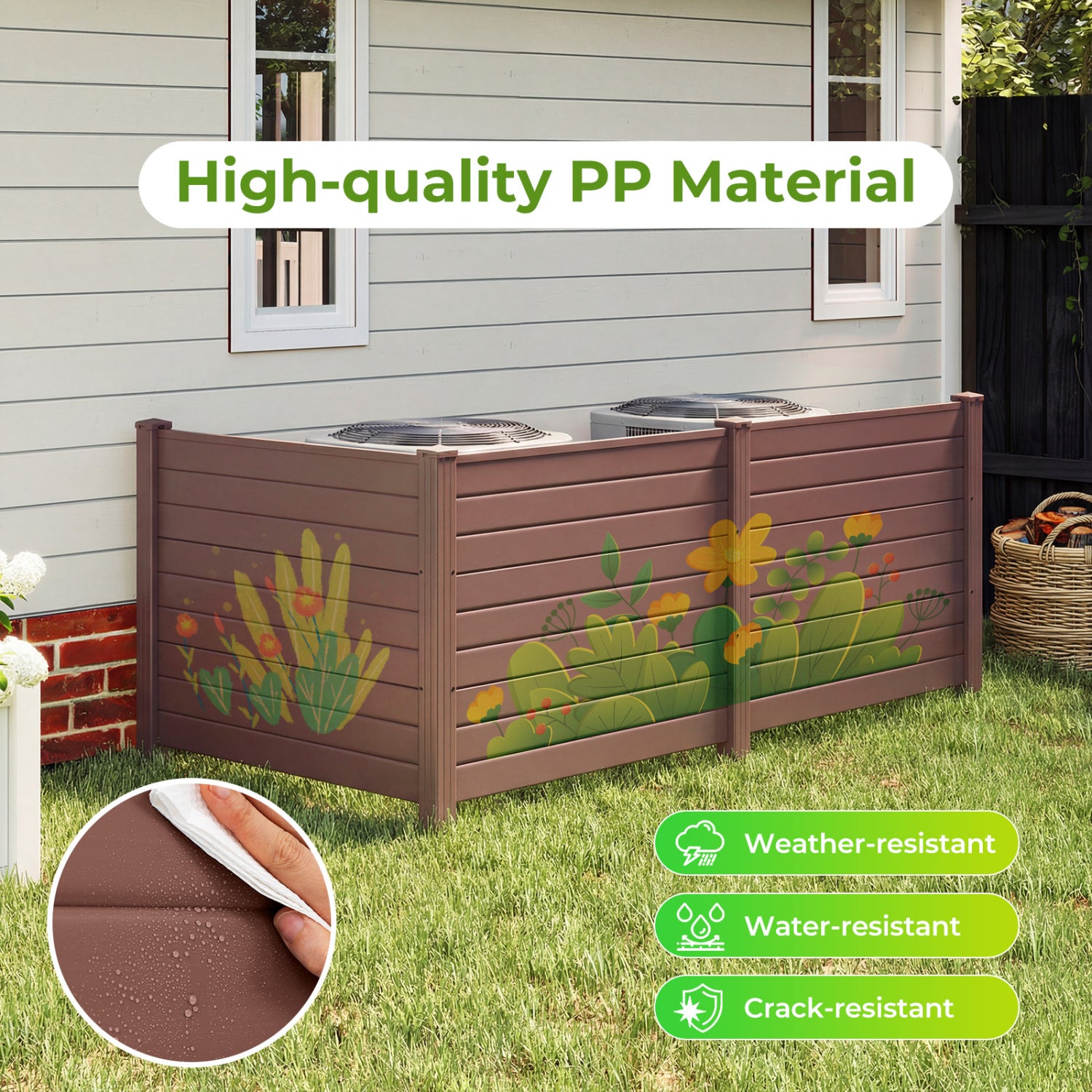 48 x 38 Inch Air Conditioner Fence 3 Panels with Metal Ground Stakes for Patio Backyard-Brown