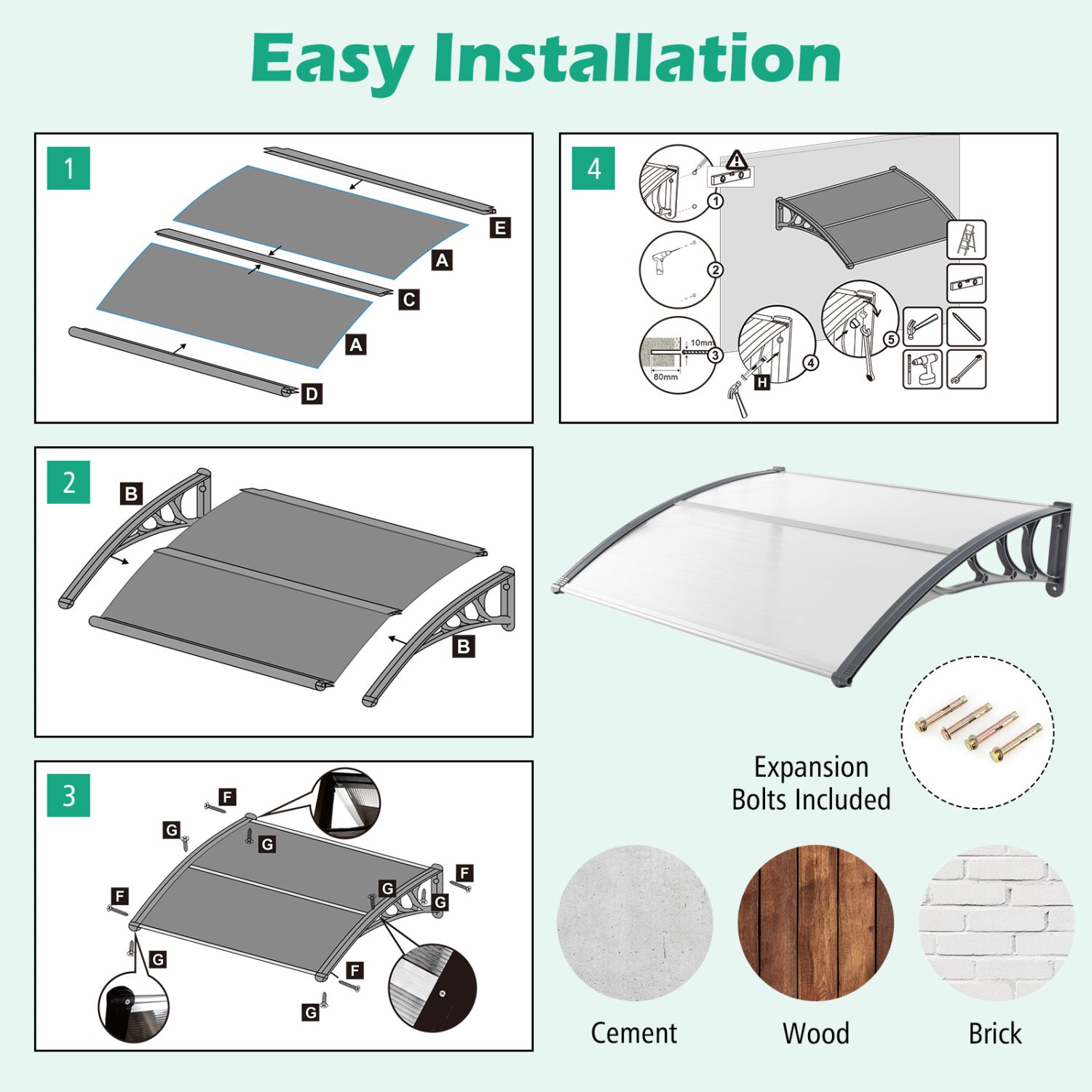 48 x 40 Inch Outdoor Front Door Window Awning Door Canopy Exterior-Gray