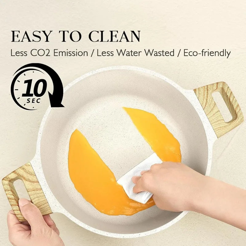 Person cleaning a white frying pan with a yellow sponge, with text highlighting eco-friendliness.