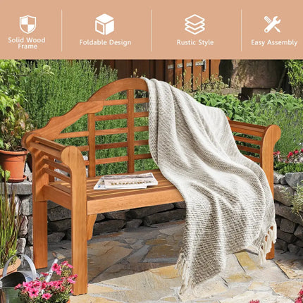 49 Inch Eucalyptus Wood Outdoor Folding Bench with Backrest Armrest for Patio Garden - Natural - Outdoor Benches