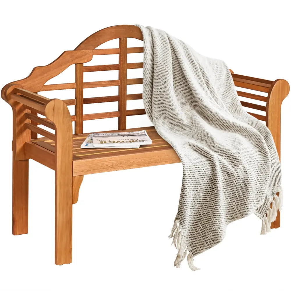 49 Inch Eucalyptus Wood Outdoor Folding Bench with Backrest Armrest for Patio Garden - Natural - Outdoor Benches