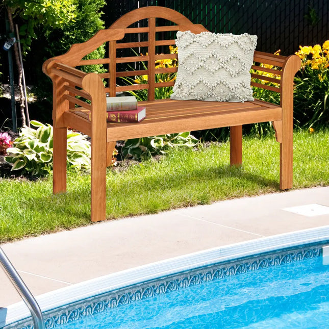 49 Inch Eucalyptus Wood Outdoor Folding Bench with Backrest Armrest for Patio Garden - Natural - Outdoor Benches