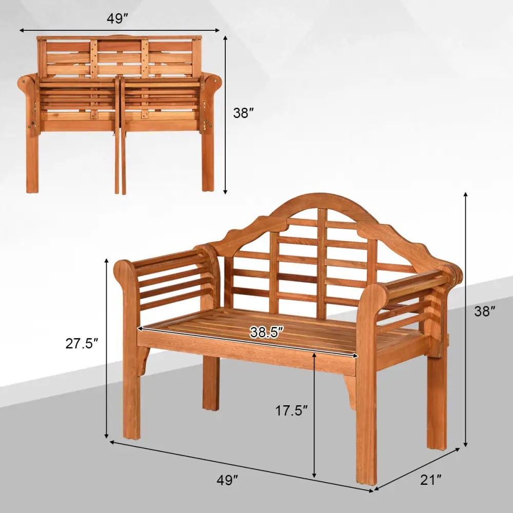 49 Inch Eucalyptus Wood Outdoor Folding Bench with Backrest Armrest for Patio Garden - Natural - Outdoor Benches