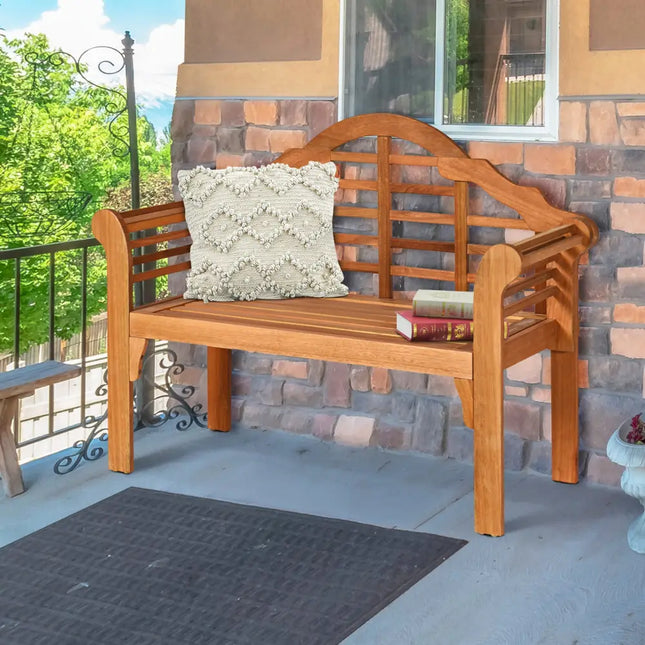 49 Inch Eucalyptus Wood Outdoor Folding Bench with Backrest Armrest for Patio Garden - Natural - Outdoor Benches