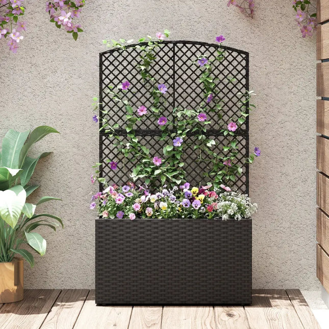 49 Inch Raised Garden Bed with Trellis and Wicker Planter Box-Black - Black - Raised Garden Beds