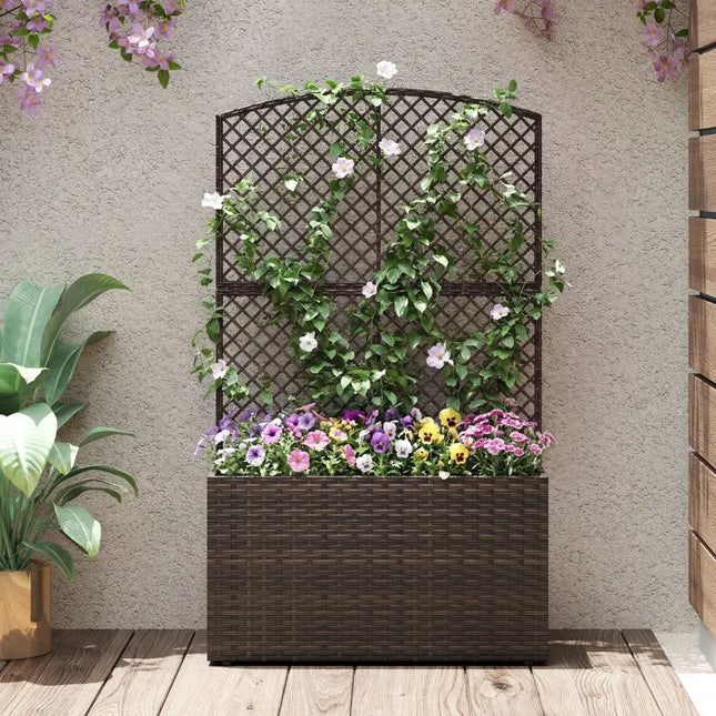 49 Inch Raised Garden Bed with Trellis and Wicker Planter Box-Brown - Brown - Raised Garden Beds