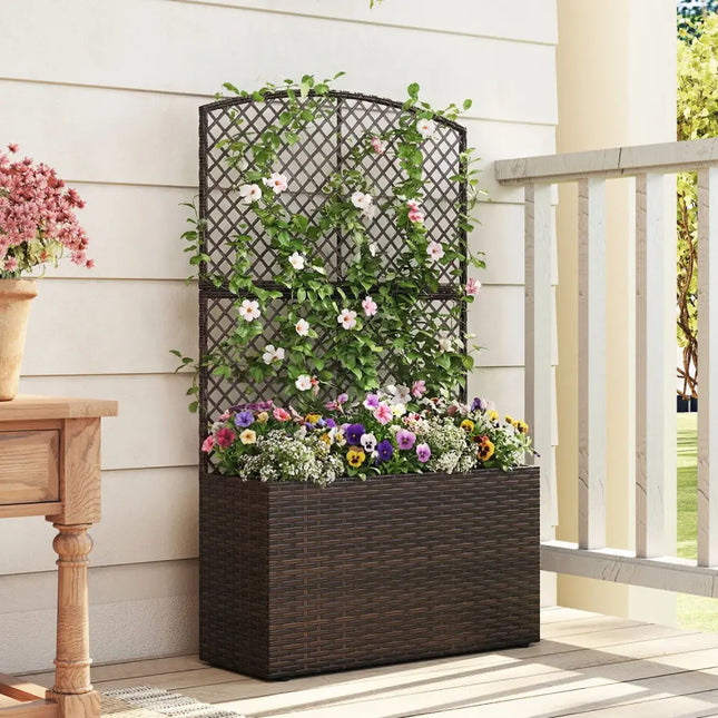 49 Inch Raised Garden Bed with Trellis and Wicker Planter Box-Brown - Brown - Raised Garden Beds