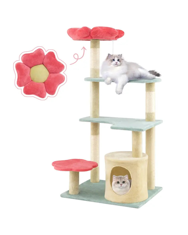 49 Inch Tall Multi-Level Aesthetic Floral Kitten Tower with Flower-Shaped Plush Padded Perch-Multicolor - Multicolor